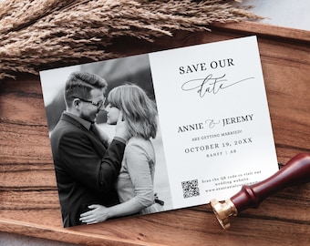 Save the Date with Photo and QR Code, Editable QR Code Save The Date Template, Minimalist Save The Date Printable, Photo Save The Date -EJ03