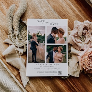 May include: Save the date card with a white background and a black and white photo collage of a couple. The text reads "Save the Date", "Meave & Oliver", "Are Getting Married!" , "August 26, 20XX | Kelowna, BC", "Scan the QR code to visit our wedding website for more details. Formal invitation to follow." and "www.meaveandoliver.com".