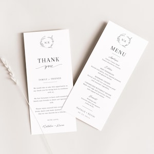 Monogramm-Hochzeitsmenü und Dankeskarte, druckbare Abendkarte, Danke-Serviettennotiz, bearbeitbar, sofortdownload, Botanischer Kranz - EJ05