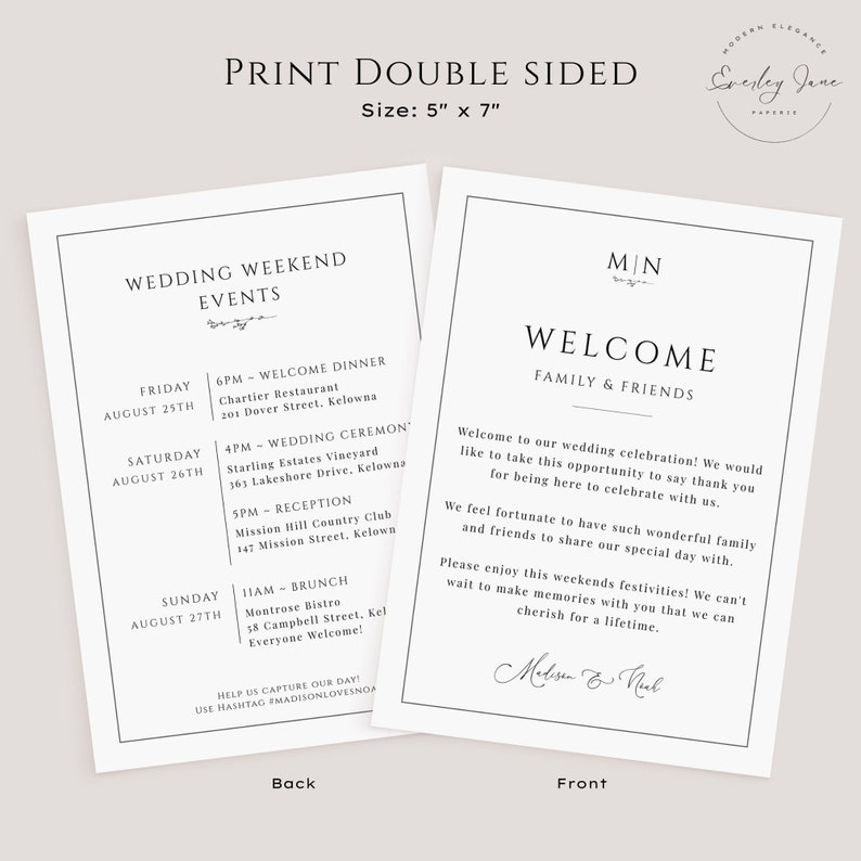 Classic Wedding Welcome Letter and Timeline, Traditional Wedding Welcome Note, Monogram Wedding, Printable, Editable Welcome Bag Card EJ08 image 4