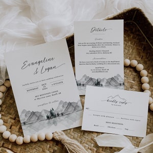 Rustic Wedding Invitation Suite, Mountain Wedding Invitation Set, Outdoor Wedding, Printable Invite, Editable Template - EJ13