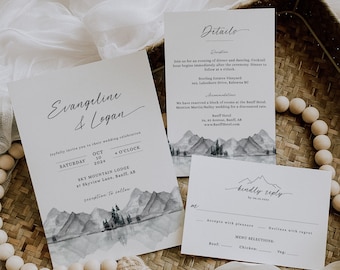 Rustic Wedding Invitation Suite, Mountain Wedding Invitation Set, Outdoor Wedding, Printable Invite, Editable Template - EJ13