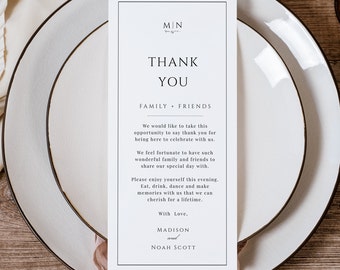 Classic Wedding Thank You Table Card, Monogram Thank You Template, Thank You Napkin Note, Printable, Editable, Place Setting Thank You- EJ08