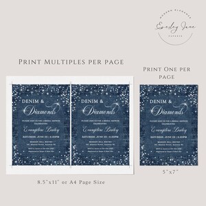 Denim and diamonds party invitation with a denim inspired background and diamond accents