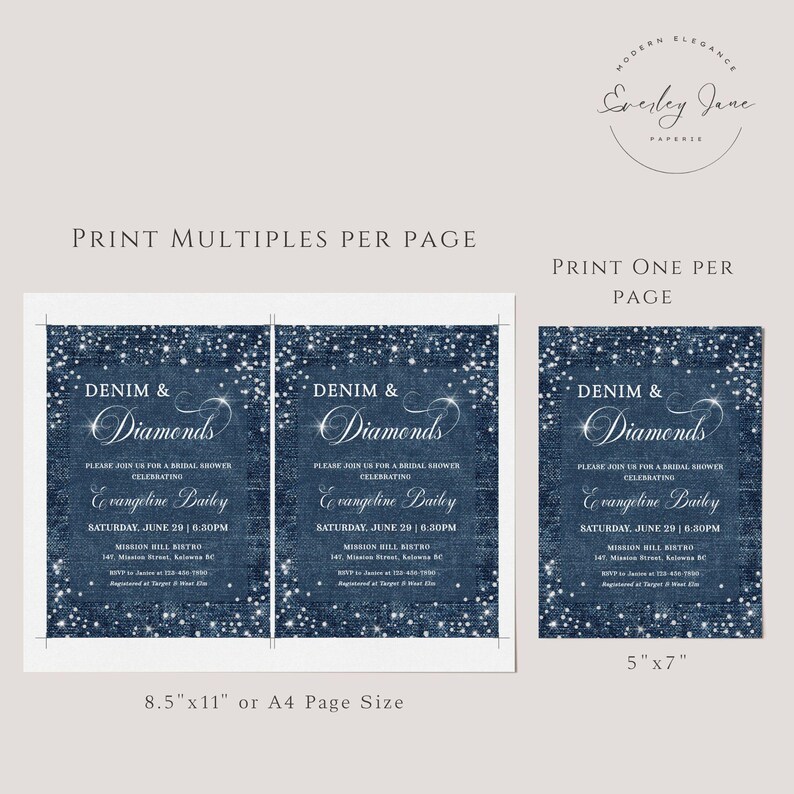 Denim and diamonds party invitation with a denim inspired background and diamond accents