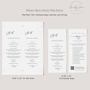 K&ouml;nnte beinhalten: Druckbare Vorlage f&uuml;r ein Hochzeits-Dinner-Men&uuml; mit moderner Kalligrafie-Schriftart. Das Men&uuml; ist so konzipiert, dass es auf Papier im Format 21,6 x 27,9 cm gedruckt und dann auf 9,5 x 23 cm zugeschnitten werden kann. Das Men&uuml; enth&auml;lt eine Liste von Vorspeisen, Hauptgerichten und Desserts. Die Vorlage enth&auml;lt auch eine Hochzeits-Foto-Challenge mit einem QR-Code.