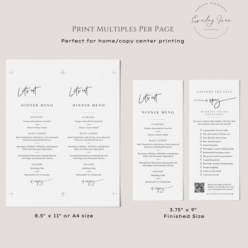 K&ouml;nnte beinhalten: Druckbare Vorlage f&uuml;r ein Hochzeits-Dinner-Men&uuml; mit moderner Kalligrafie-Schriftart. Das Men&uuml; ist so konzipiert, dass es auf Papier im Format 21,6 x 27,9 cm gedruckt und dann auf 9,5 x 23 cm zugeschnitten werden kann. Das Men&uuml; enth&auml;lt eine Liste von Vorspeisen, Hauptgerichten und Desserts. Die Vorlage enth&auml;lt auch eine Hochzeits-Foto-Challenge mit einem QR-Code.