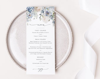 Wedding Menu Template, Dusty Blue Floral Wedding Menu, Printable Dinner Menu, Editable Menu Card, Elegant Wedding Menu - EJ18