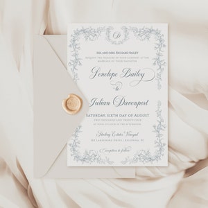 Op de afbeelding: Elegante trouwkaart met bloemenrand en scripttekst. De uitnodiging bevat de namen Penelope Bailey en Julian Davenport, de trouwdatum en locatie. Een gouden waszegel siert de envelop.