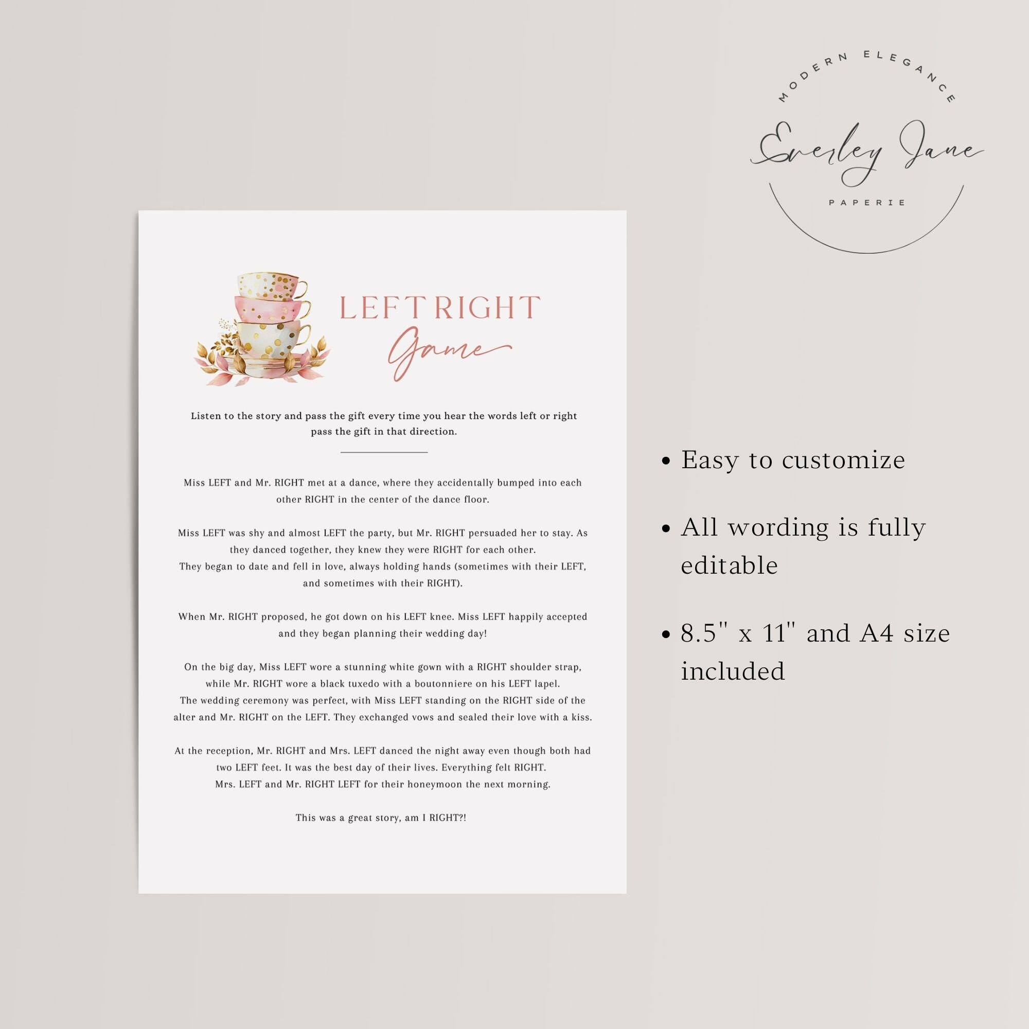 Left Right Bridal Shower Game, Bridal Tea Party Shower Game, Bridal Pass the Prize Game, High ...