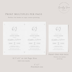 May include: Printable wedding invitation template with a floral wreath design. The invitation is for a couples shower for Natalie & Kurn on August 26th, 2024 at 4 o'clock. The invitation is available in two sizes: 8.5" x 11" and 5" x 7".