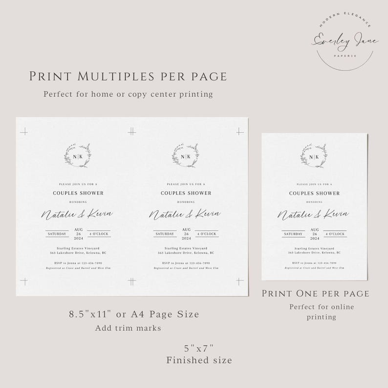 May include: Printable wedding invitation template with a floral wreath design. The invitation is for a couples shower for Natalie & Kurn on August 26th, 2024 at 4 o'clock. The invitation is available in two sizes: 8.5" x 11" and 5" x 7".