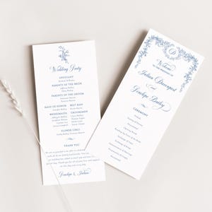 Staubblaues Hochzeitsprogramm, Chinoiserie-Monogramm-Hochzeitsprogrammvorlage, französische Toile-Zeremonie-Orden des Service, bearbeitbare Vorlage - EJ33B