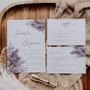 Suite de faire-part de mariage lilas, faire-part de mariage floral, modèle modifiable, imprimable, carte de détails, RSVP, mariage violet lavande - EJ04