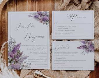 May include: Wedding invitation suite with a purple floral design. The invitation card features the couple's names, "Jennifer & Benjamin", the date, "Saturday, 11th June", and the time, "Two Thousand & Twenty Four, At three o'clock in the afternoon". The RSVP card includes the text "RSVP by 06.15.2024" and has space for guests to indicate their attendance and dietary requirements. The details card provides information about the wedding reception, including the location, "BOTANICAL GARDEN ESTATES, 245 Garden Drive, Victoria, BC", and the reception time, "Reception to follow".