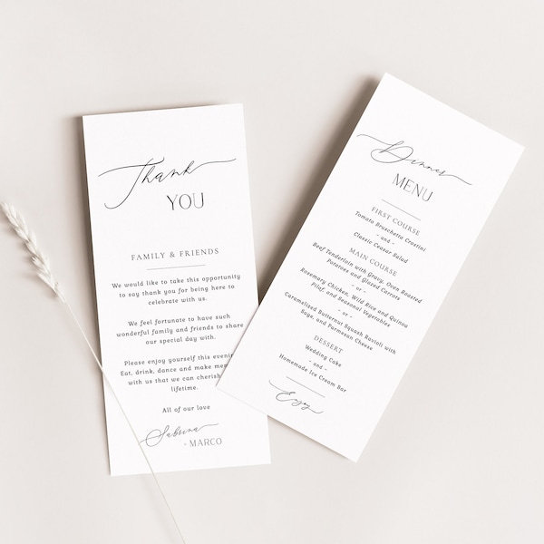 Wedding Menu and Thank You Card Template, Minimalist Menu and Thank You Napkin Note, Printable, Editable, Modern Place Setting - EJ22