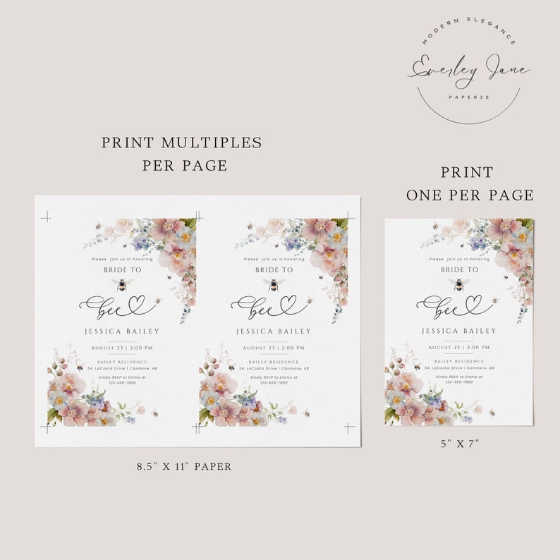 May include: Two printable bridal shower invitations with a floral design and a bee with a heart. The text on the invitation reads "Please join us in honoring Bride to Bee". The larger invitation is 8.5 inches by 11 inches and the smaller invitation is 5 inches by 7 inches.