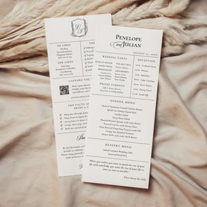May include: A wedding invitation with a black and white design. The invitation features the names Penelope and Julian, the wedding date, and a list of the wedding party. The invitation also includes a dinner menu and a dessert menu.