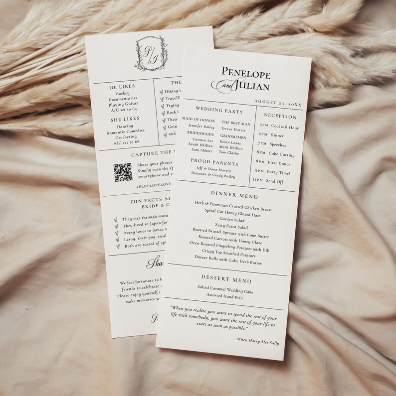 May include: A wedding invitation with a black and white design. The invitation features the names Penelope and Julian, the wedding date, and a list of the wedding party. The invitation also includes a dinner menu and a dessert menu.