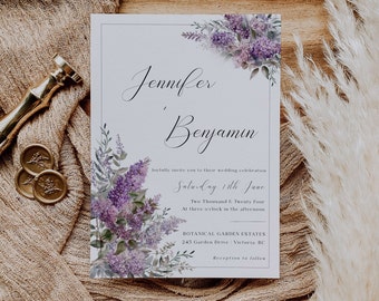 Lilac Wedding Invitation Template, Botanical Wedding Invite, Watercolor Lilac Invitation, Purple Floral Wedding Invite, Printable - EJ04