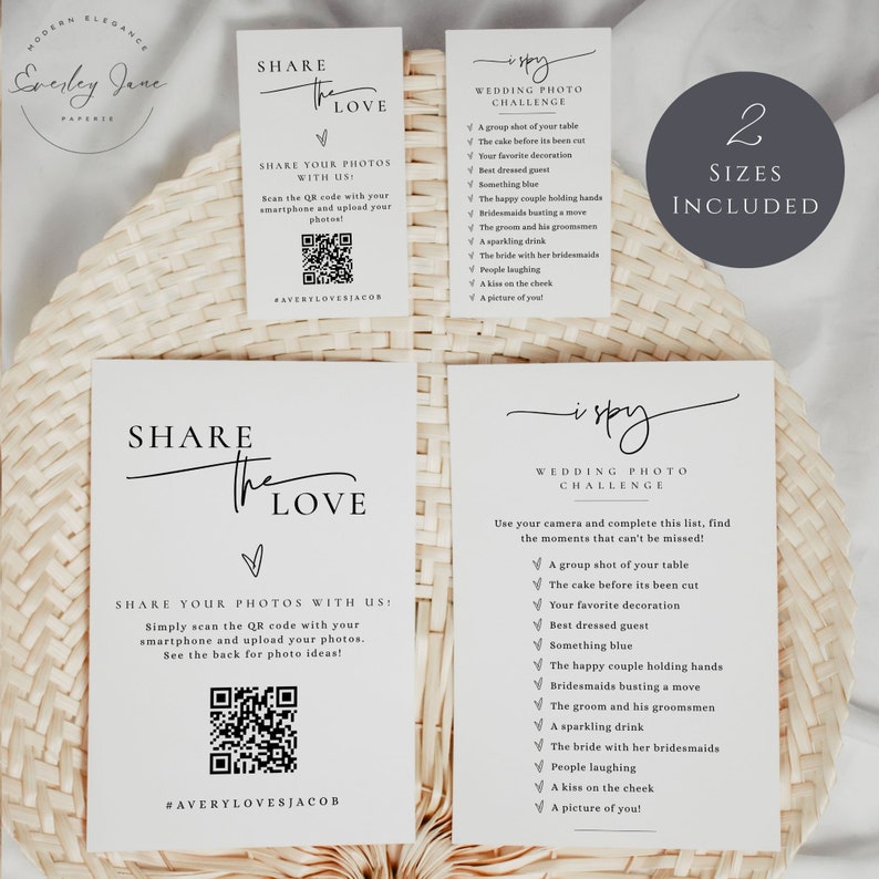 May include: Two printable cards for a wedding photo challenge. The first card says "Share the Love" and has a QR code. The second card says "I Spy Wedding Photo Challenge" and has a list of items to find in wedding photos. The text "2 Sizes Included" is on a separate card.