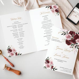 Burgundy Floral Wedding Program Template, Folded Church Wedding Program, Catholic Mass Ceremony Program - EJ45