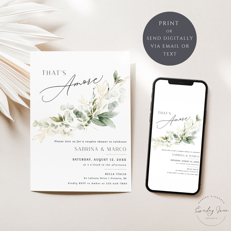 Peut inclure: Une invitation imprimable pour une f&ecirc;te pr&eacute;nuptiale de couple avec un design floral aquarelle. L'invitation indique "That's Amore" et comprend les noms Sabrina & Marco, la date samedi 12 ao&ucirc;t 20XX et le lieu Bella Italia, 34 LaCosta Drive | Victoria, BC. L'invitation comprend &eacute;galement les informations RSVP : Veuillez confirmer votre pr&eacute;sence aupr&egrave;s d'Amber au 123-456-7890.