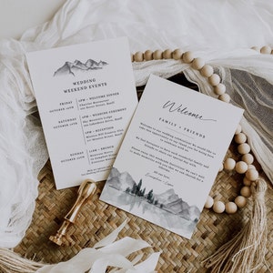 Lettera di benvenuto e cronologia per matrimonio rustico, benvenuto e itinerario per matrimonio in montagna, modello stampabile e modificabile, inserto per borsa di benvenuto - EJ13