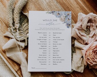 May include: A printable bridal shower game with the title "Would She Rather" and a list of 15 questions for guests to answer about the bride. The game features a watercolor floral design with blue and white flowers.