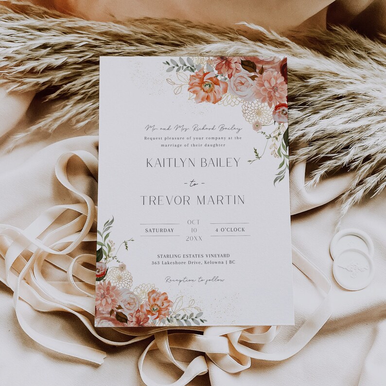 May include: Wedding invitation with floral design. The invitation is for the marriage of Kaitlyn Bailey and Trevor Martin on 10th October 20XX at 4 o'clock at Starling Estates Vineyard, 363 Lakeshore Drive, Kelowna, BC.