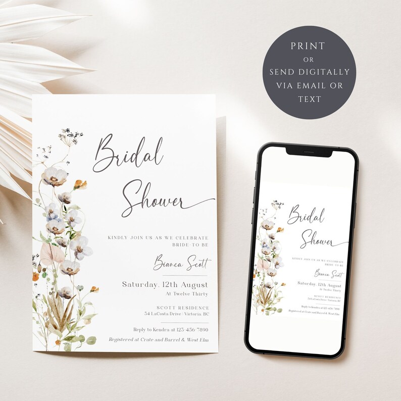 Wildflower Bridal Shower Invitation, Floral Bridal Shower Invite, Boho Bridal Shower, Spring Summer, Printable, Editable Template EJ10 image 3