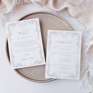 Plantilla de carta de bienvenida para bodas y cronograma de eventos, tarjeta de itinerario de bienvenida para bodas en estilo chinoiserie, nota para bolsa de bienvenida en estilo francés Toile - EJ33A