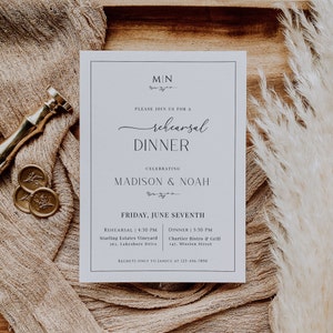May include: A white card with black text announcing a rehearsal dinner for Madison & Noah. The event will take place on Friday, June Seventh. The rehearsal will be held at Starling Estates Vineyard at 4:30 PM and the dinner will be at Chartier Bistro & Grill at 5:30 PM.  The card includes contact information for regrets only.