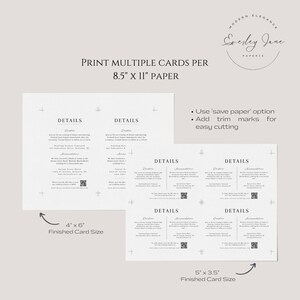 May include: Printable wedding invitation template with details for the ceremony and reception. The template is designed to be printed on 8.5 x 11 inch paper and cut into either 4 x 6 inch or 5 x 3.5 inch cards.