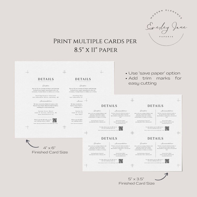 May include: Printable wedding invitation template with details for the ceremony and reception. The template is designed to be printed on 8.5 x 11 inch paper and cut into either 4 x 6 inch or 5 x 3.5 inch cards.