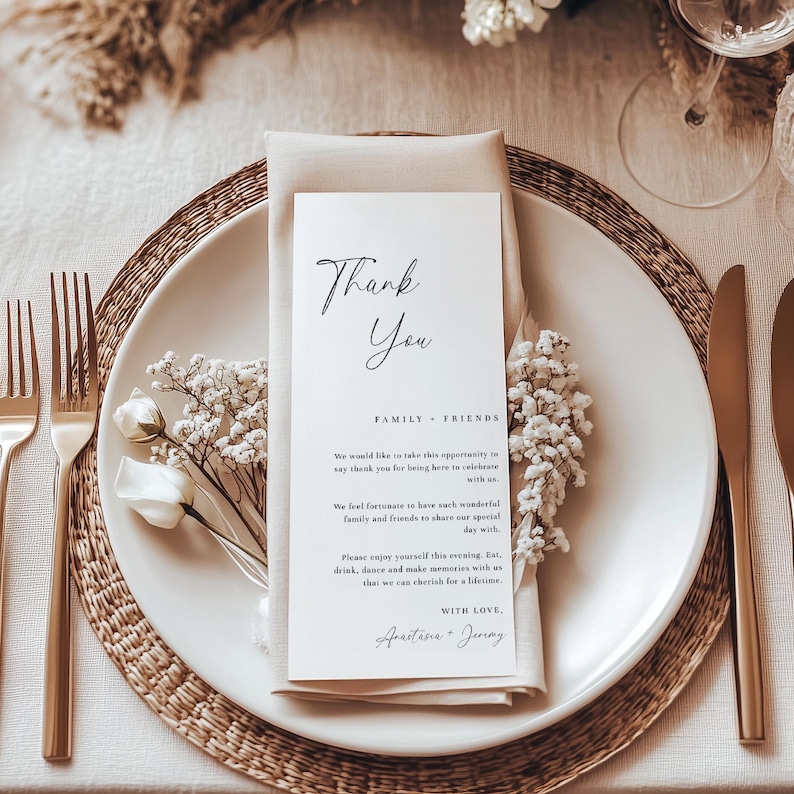 Minimalist Wedding Table Thank You Template, Thank You Napkin Note, Printable Thank You, Place Setting Thank You, Instant Download - EJ03 image 2