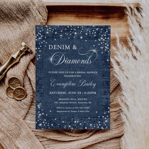 Denim and diamonds party invitation with a denim inspired background and diamond accents