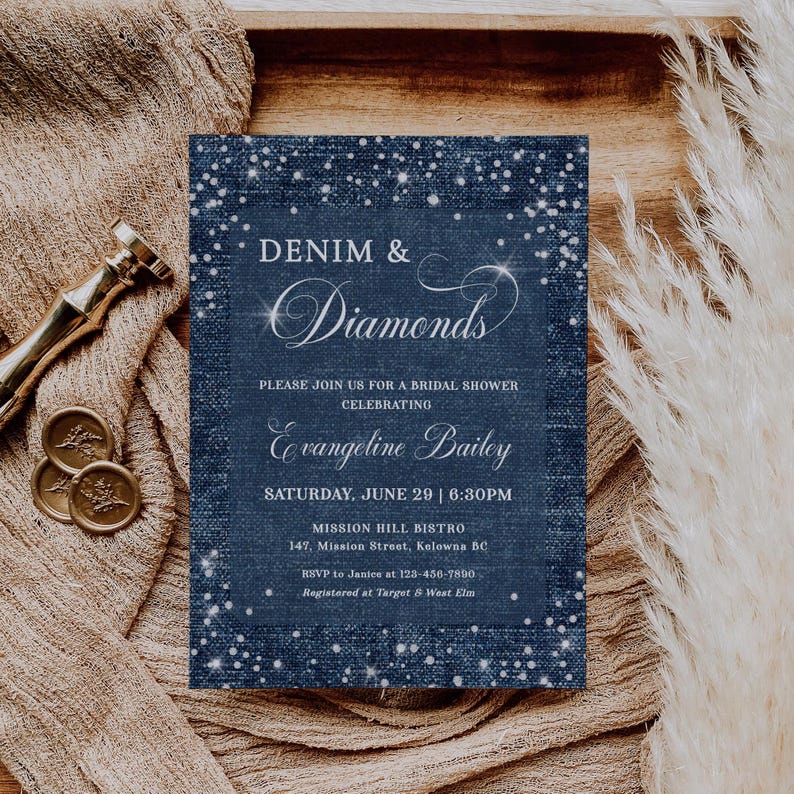 Denim and diamonds party invitation with a denim inspired background and diamond accents