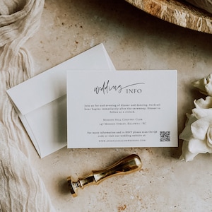 Cartão de detalhes de casamento minimalista com código QR, cartão de informações de casamento, modelo de cartão de detalhes de casamento, cartão de anexo de casamento, para impressão - EJ21