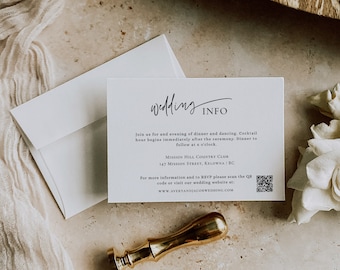 Pode incluir: Convite de casamento com fundo branco e texto preto. O convite inclui a data, hora, local e informações de RSVP. Um código QR está incluído para que os convidados possam escanear para obter mais informações.