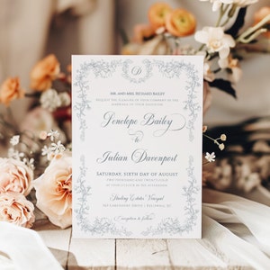 Op de afbeelding: Een trouwkaart met bloemenrand en elegant schrift. De uitnodiging luidt: "Mr. and Mrs. Richard Bailey verzoeken uw aanwezigheid bij het huwelijk van hun dochter Penelope Bailey met Julian Davenport."