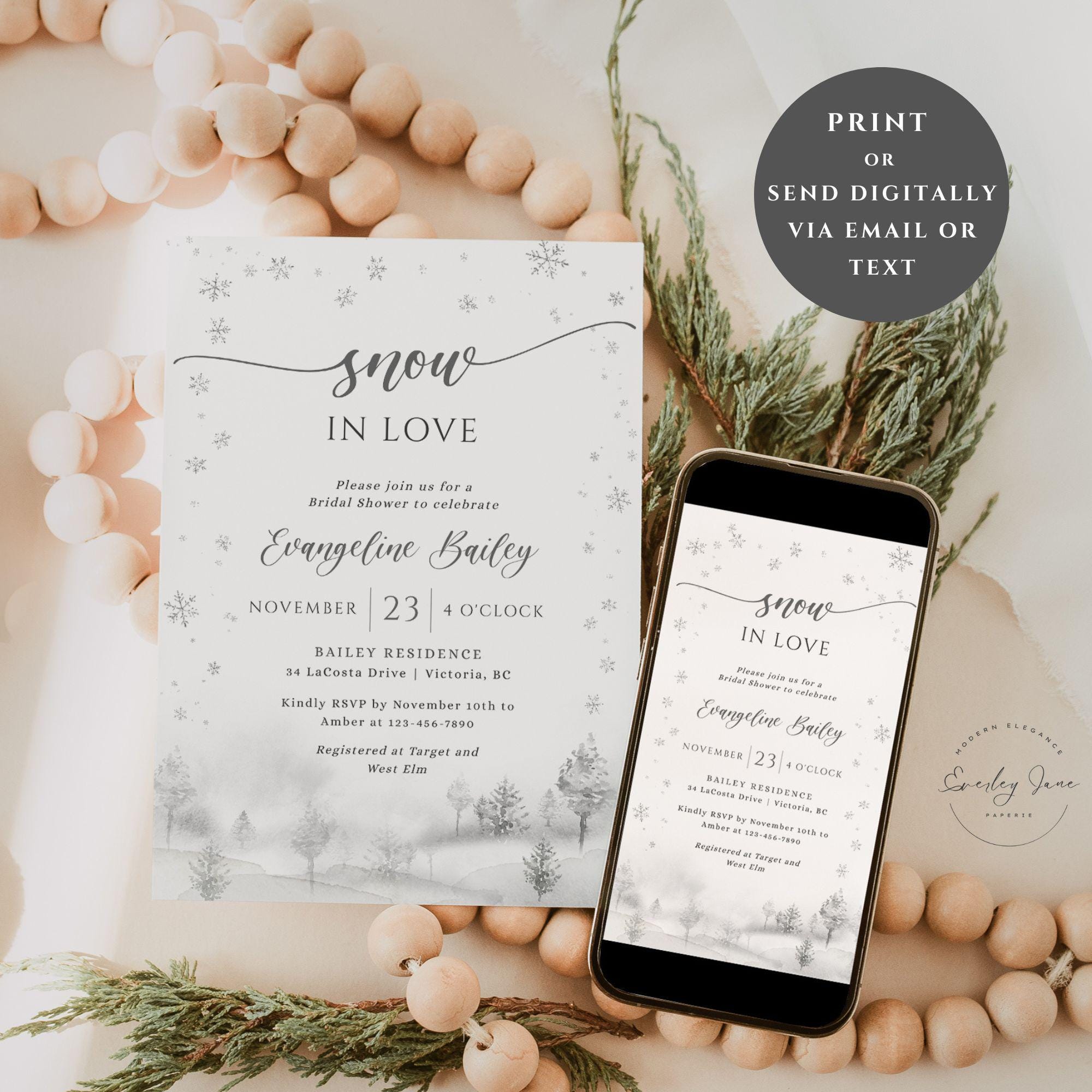 Snow in Love Bridal Shower Invitation, Winter Bridal Shower Invitation ...