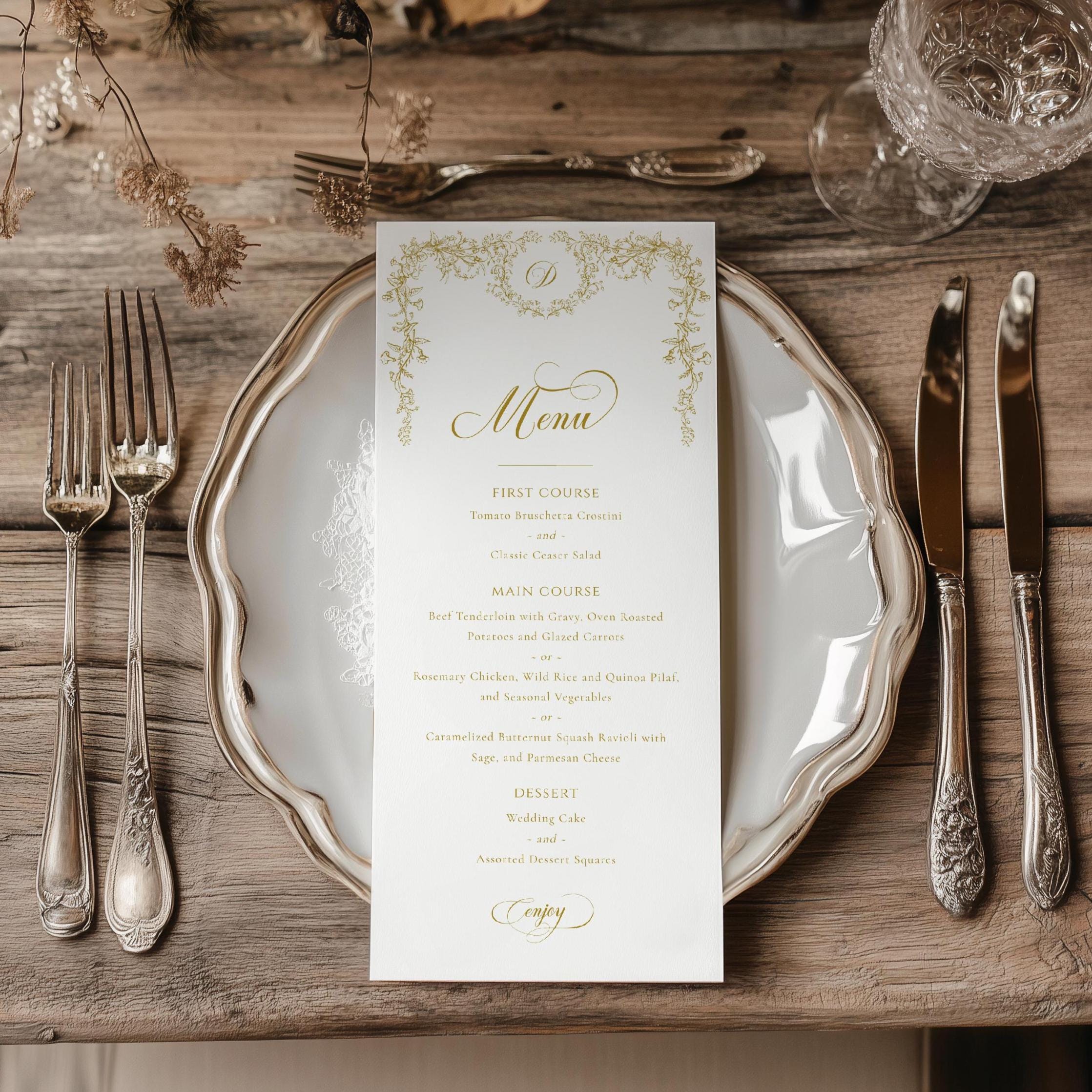 Wedding Dinner Menu Gold Floral, Gold Chinoiserie Wedding Menu