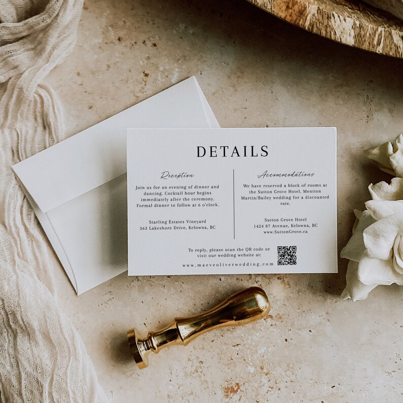 May include: A white wedding invitation card with black text. The card has two sections, one for reception details and one for accommodation details. The reception details include the location, time, and address of the reception. The accommodation details include the name and address of the hotel where guests can stay. The card also includes a QR code that guests can scan to learn more about the wedding.