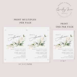 Peut inclure: Deux invitations imprimables pour une f&ecirc;te pr&eacute;nuptiale avec un motif floral aquarelle. Le texte sur les invitations indique "That's Amore" et comprend les noms Sabrina & Marco, la date samedi 12 ao&ucirc;t 20XX et le lieu Bella Italia. L'invitation de gauche mesure 8,5 pouces sur 11 pouces et l'invitation de droite mesure 5 pouces sur 7 pouces.