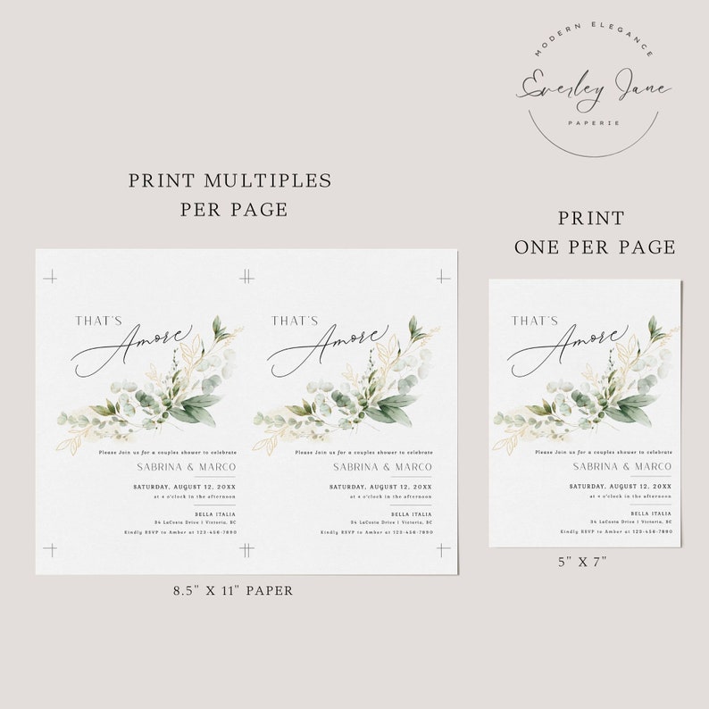 Peut inclure: Deux invitations imprimables pour une f&ecirc;te pr&eacute;nuptiale avec un motif floral aquarelle. Le texte sur les invitations indique "That's Amore" et comprend les noms Sabrina & Marco, la date samedi 12 ao&ucirc;t 20XX et le lieu Bella Italia. L'invitation de gauche mesure 8,5 pouces sur 11 pouces et l'invitation de droite mesure 5 pouces sur 7 pouces.