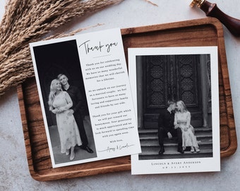 May include: A black and white wedding thank you card with a photo of a couple in front of a building. The text on the card reads "Thank you for celebrating with us on our wedding day. We have so many wonderful memories that we will cherish for a lifetime. As we embark on our journey as a married couple, we feel fortunate to have so many loving and supportive family and friends by our side. Thank you for your gift which we will put toward our honeymoon. Your generosity is much appreciated and we look forward to spending time with you again soon. With love, Amy & Leah." The bottom of the card reads "LINCOLN & AVERY ANDERSON 08.13.20XX".
