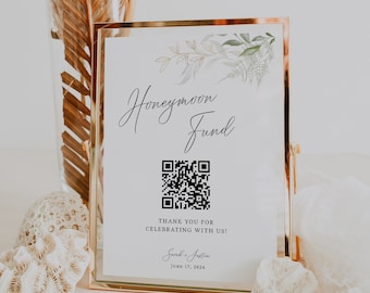Honeymoon Fund QR code Sign, Wedding Honeymoon sign, Greenery Wedding Reception Sign, Wedding QR Code Sign, Editable Template - EJ01