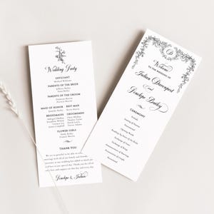 May include: A wedding ceremony program with a floral design and the names Julian Davenport and Penelope Bailey. The program lists the order of events for the ceremony.