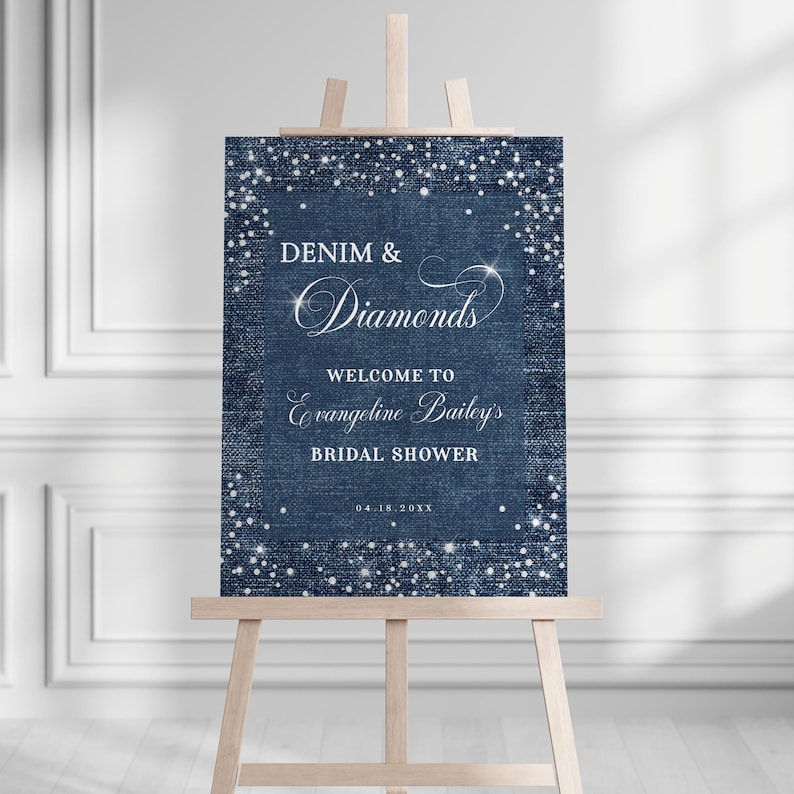 Denim and Diamonds party welcome sign with denim look background and diamond accents